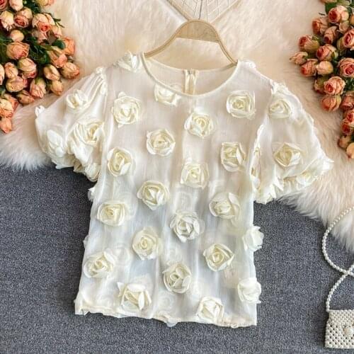 Summer New Flowers Puff Short Sleeve Round Neck Chiffon Shirts Loose Top Fashion Casual Womens Clothing Solid Color Blouse