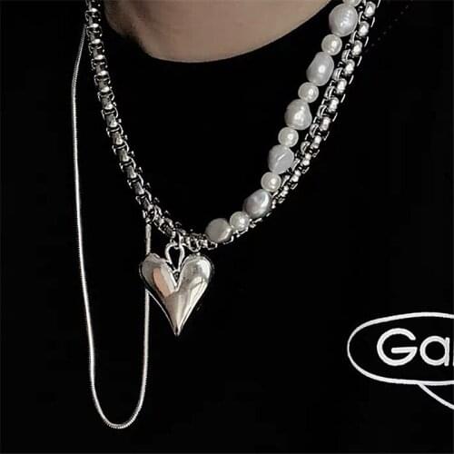 2021 New Trendy Punk Style Heavy Stainless Steel Chain Choker Necklace for Women Big Heart Pendant Necklace Hip Hop Jewelry