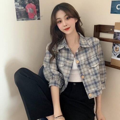 Polo Collar Five-point Sleeve Retro Hong Kong-style Plaid Loose Slimming Shirt Short-sleeved Top Design Niche Blouse