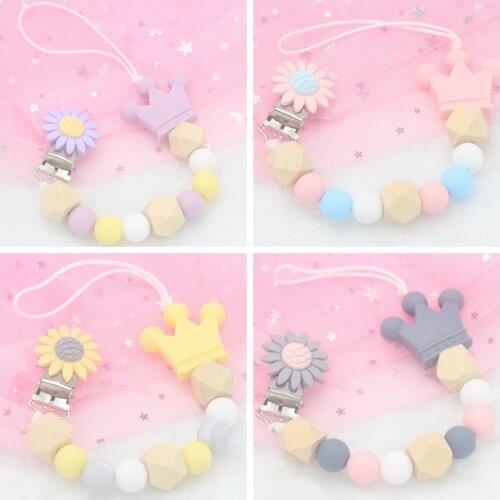 Silicone Pacifier Clip Wooden Bead Dummy Clip Holder Cute Pacifier Clips Soother Chains Baby Teething Toy For Baby Chew