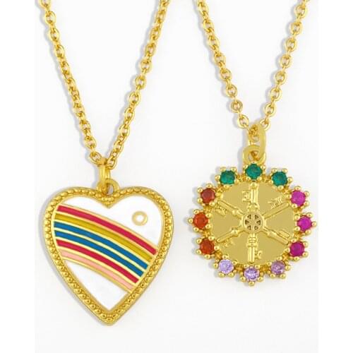 FLOLA Gold Chain Enamel Heart Necklace For Women Crystal Multicolor Round Pendant Necklace CZ Zirconia Statement Jewelry nker98