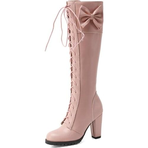 COOLULU Lolita Boots Women Knee High Boots Kawaii Winter Boots Shoes Lace Up Bow Tie Lang Boots Block High Heels Knee High Boots