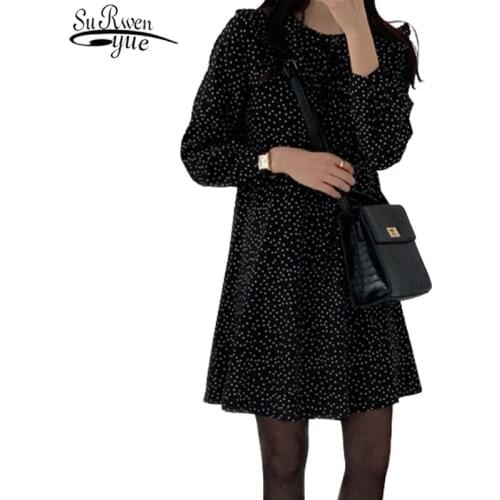 Long Sleeve O-neck Sweet Dresses for Women Jupe Femme Autumn New Womens Dress Korean Black Polka Dot A-line Vestidos 10840