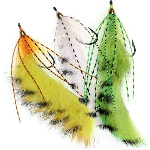 3pcs #1/0 Sea Bass Pike Salmon Fishing Lure Brass Conehead Zonker Streamer Flies Variation Orange White Yellow