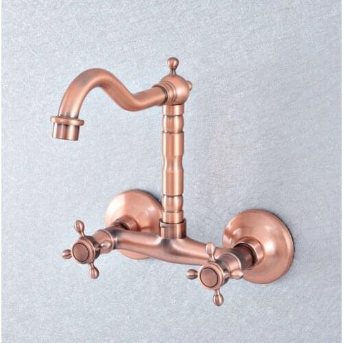 Antique Red Copper Bathroom Basin Faucet Wall Mounted Double Handle Swivel Spout Hot and Cold Mixer Faucet Nsf868