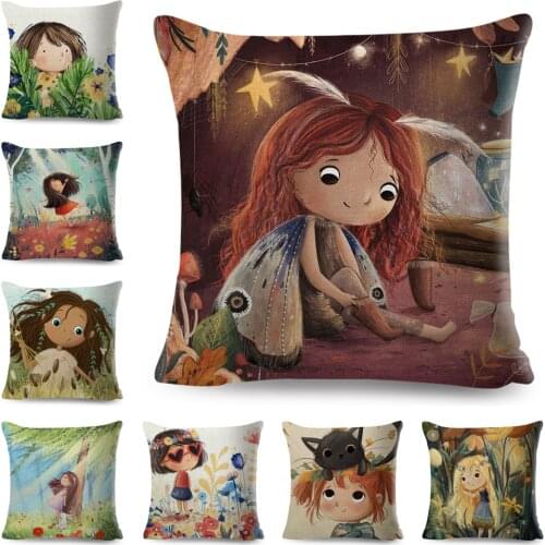Watercolor Cartoon Girl Cushion Cover Decor Fairy Tale World Lovely Child Pillowcase Polyester Pillow Case for Sofa Home 45x45cm