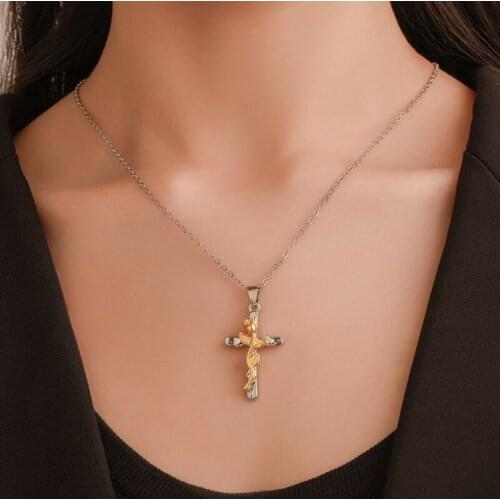 Black Silver Gold Rose Gold Color Rose Flower Cross Pendant Necklace Fashion Women Statement Necklaces Pendants Jewelry Gift