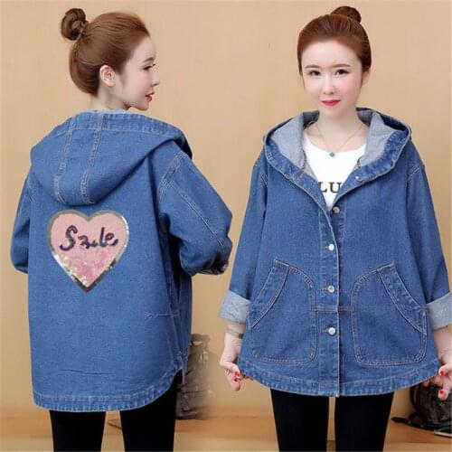 Womens Plus Size Loose Vintage Jeans Jacket 2021 Spring Autumn Korean Hooded Denim Jacket Casual Female Coat Student Outwear