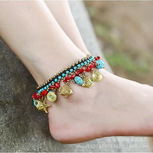 European and American Bohemian Style Turquoise Trend Female Anklet Wax Rope Hand-woven Starfish Beach Vacation Female Anklet