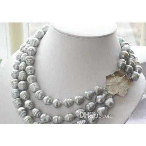 FFREE SHIPPING** triple strands 11-13mm natural south sea gray baroque pearl necklace 17-19"