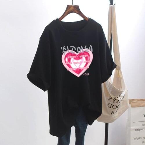 Cotton 2021 Summer Heart-shaped Loose Short-sleeved Graphic T Shirts for Women
