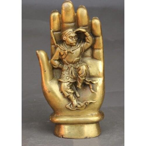 Chinese Buddhism Brass Sun WuKong Handsome Monkey King In Buddha Hand Statue