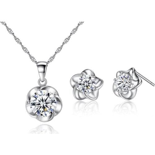 KOFSAC Fashion 925 Silver Jewelry Sets For Women Simple Flower Hearts & Arrows CZ Pendant Necklace Earring Set Bride Accessories