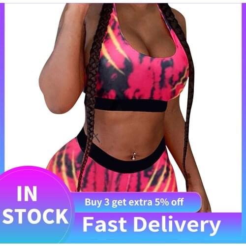 Exercise Sets Women Casual Tie Dyed Print Push Up High Waist Sleeveless Vest Sports Shorts Suit Workout Running Sportswear