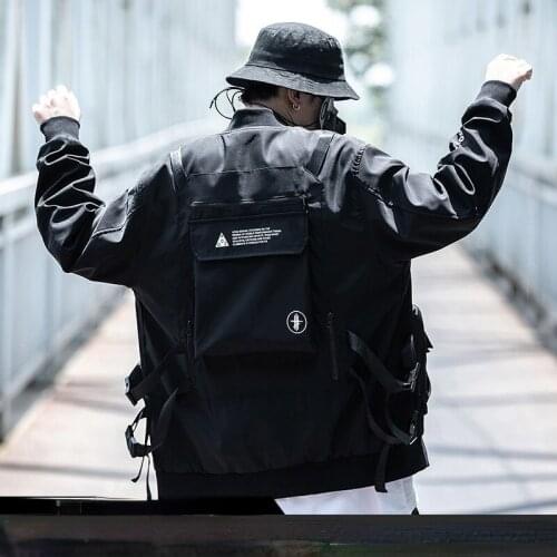Hip Hop Fashion Techwear Jackets Men Black Multi-pocket Tactical Jacket Harajuku Streetwear Bomber Jacket Men Baseball Jackets