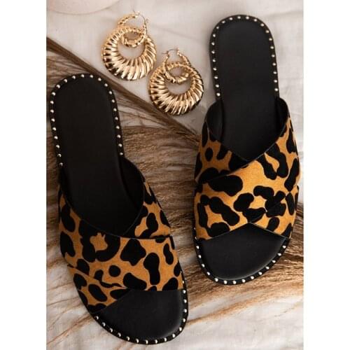 Summer Cross Slippers Leopard Style Black Sandals Women Flat Sandals Beach Shoes Casual Slipper Female Travel Womens Flats Shoe
