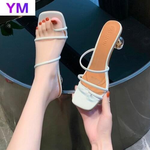 Summer 2021 New Sexy Square Toe High Heels Sandals Women Wedding Party Sandals Two Tape Round Heel Wedding Zapatillas Mujer Casa