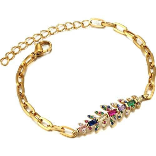 Trendy Copper Zircon Maple Leaf Bracelet Luxury Macrame Pave Stainless Steel Chain Bracelet Adjustable Jewelry Women Best Gifts