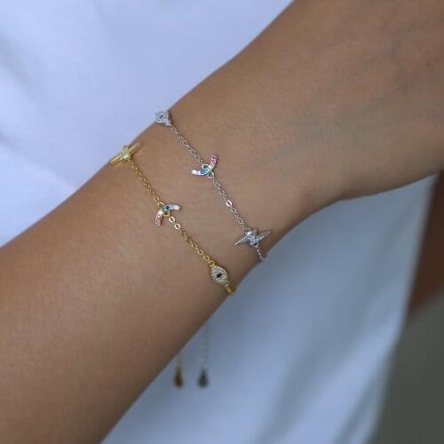 Trendy gold chic delicate tiny handmade various charm evil eye rainbow cz bracelet dainty 925 sterling silver minimalist jewelry