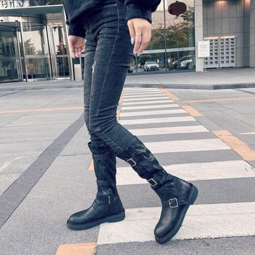 For New knight boots locomotive flat thick bottom autumn and winter boots buckle high tube Martin boots thin boots plus velvet