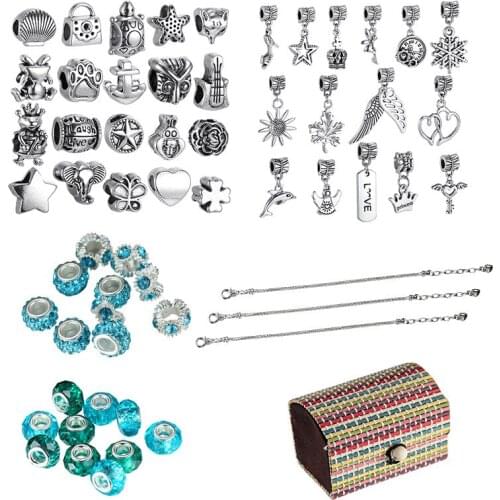 New Blue Crystal Space Big Hole Glass Bead Diy Bracelet Set for 3-16 Years Old Teenagers Charm Bracelets DIY Jewelry Making Kit