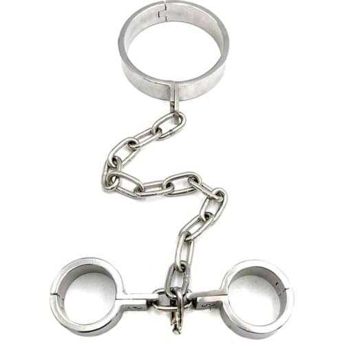 Stainless Steel Neck Hand Bondage Cuffs Slave Collar Chain Handcuffs Slave Restraints BDSM Torture Adult Games Fetish Sex Tools