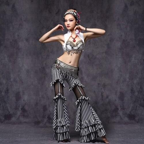 Tribal Belly Dance Clothes 3pcs Outfit Sexy Lace Crop Tops Hip Belt and Pants Women Dance Costume Tribal