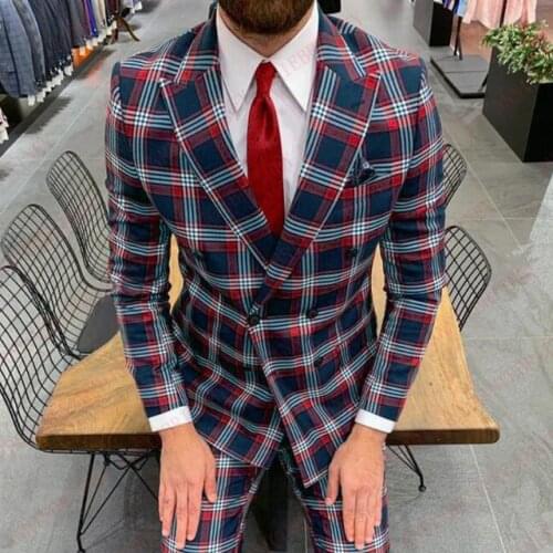 Blue red classic plaid wedding suits for men slim fit 2 piece men suit best man group groom blazer business party tuxedo lattice