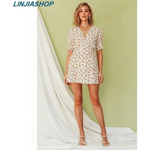 Super chic ins vintage print mini dress v neck sashes short sleeve slimming bodycon short dress bloggers fashion