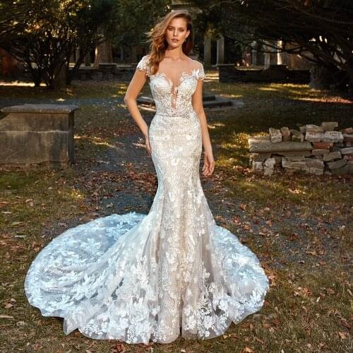 Vestido De Noiva Beading Appliques Mermaid Wedding Dresses Illusion Back Hochzeitskleid Sexy Sukienka Na Wesele Bridal Gowns