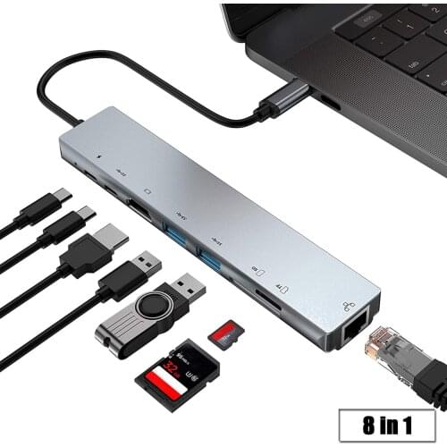 USB Type-C Hub To 4K HDMI RJ45 USB 3.0 SD/TD Card Reader PD Fast Charge 8-in-1 Multifunction Adapter For MacBookPro