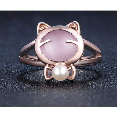 Love Cat Opal Stone Simulated Pearl Ring HotSaleRose Gold Color Fashion Brand Elegant Pink Jewelry For Women anel DFR143