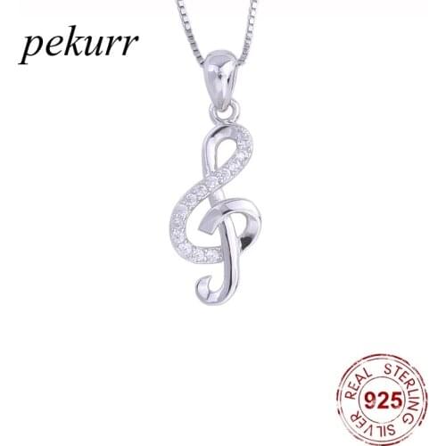 Pekurr 925 Sterling Silver Crystal Musical Note Necklace For Women Zircon Elegant Note Pendants Collar Party Fashion Jewelry