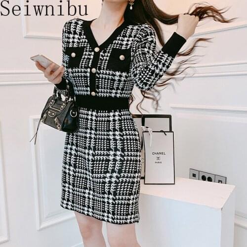 New Fashion Autumn Winter Dress Women Elegant Vintage Plaid Dresses Ladies Runway Plus Size Jacquard Knitting Sweater Dress
