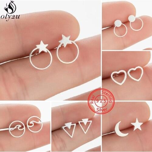 100% 925 Sterling Silver Earrings Women Minimalist Geometric Round Star Moon Wave Stud Earing Girls Sterling-silver-jewelry Gift