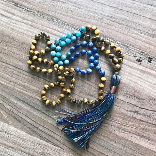 108 Mala Beads Necklace Tiger Eye & Apatite & Lapis Lazuli Necklace Knotted long Tassel necklaces Prayer Meditation Necklaces