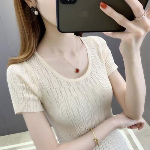 2021 20161 (room 3, Row 8, Top 1) Real Shot Round Neck Hollow Knitted Short Sleeve T-shirt 22