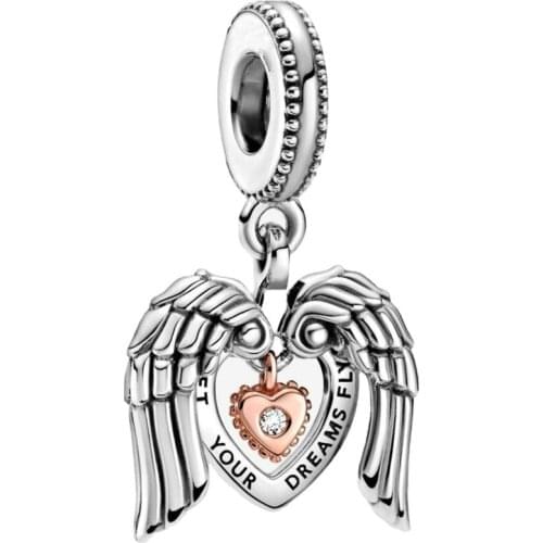 2021New S925 Sterling Silver Angel Wings and Love Charm Fit Original 3mm Bracelet&Bangle Making Fashion DIY Jewelry For Women