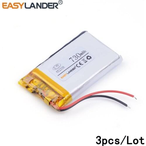 3pcs /Lot 652338 730mAh 3.7v lithium Li ion polymer rechargeable battery MP3 MP4 GPS Bluetooth small stereo bluetooth GPS