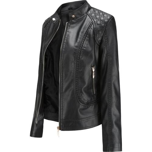 B536 Spring Autumn Pu Leather Jacket Temperament Punk Style Cool Handsome Fashion Stand Collar Zipper Plaid Rivet Slim Fit Coat