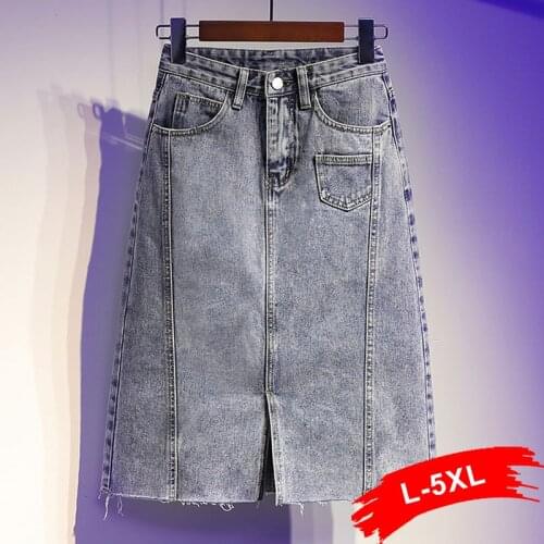 Plus Size Mini Pocket Patchwork Vintage Wash Jeans Skirt 5XL Summer Harajuku High Waist Front Split Knee Length Denim Midi Skirt