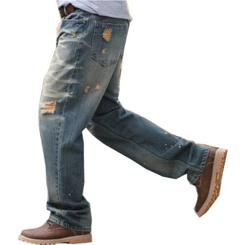 Mens loose jeans ripped large size wide leg jeans hip hop street blue striped jeans