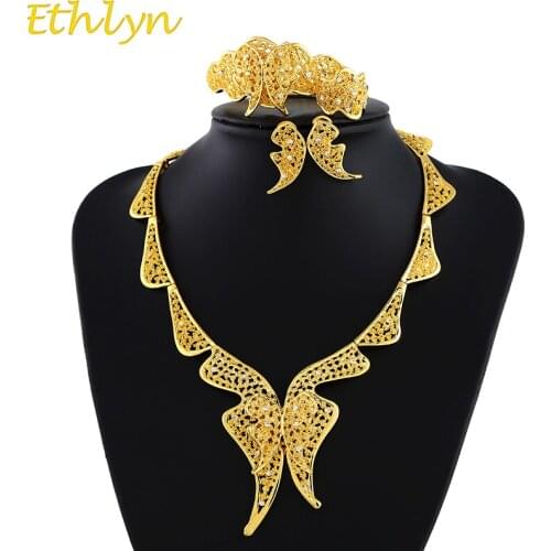 Ethlyn White Color Stone Romantic Butterfly Jewelry Sets African/Ethiopian/Eritrea Gold Color Set For Women Wedding S177