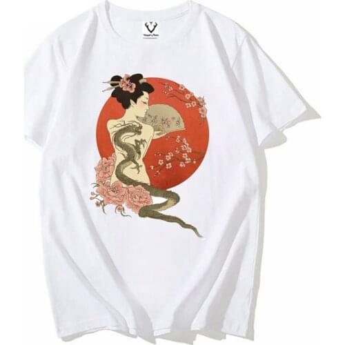 Japanese Ukiyoe style geisha t-shirt homme casual short sleeve A dragons Tale tshirt men white vintage tshirt unisex streetwear