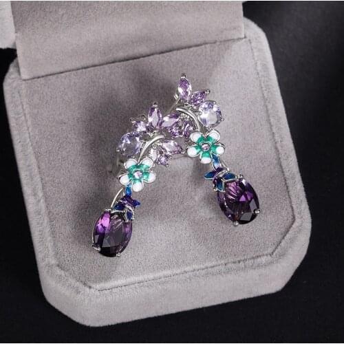 JUWANG 2021 New Luxury Flower Stud Earrings For Women Purple Cubic Zirconia Pendants Dangle Earrings Fashion Jewelry Pendientes
