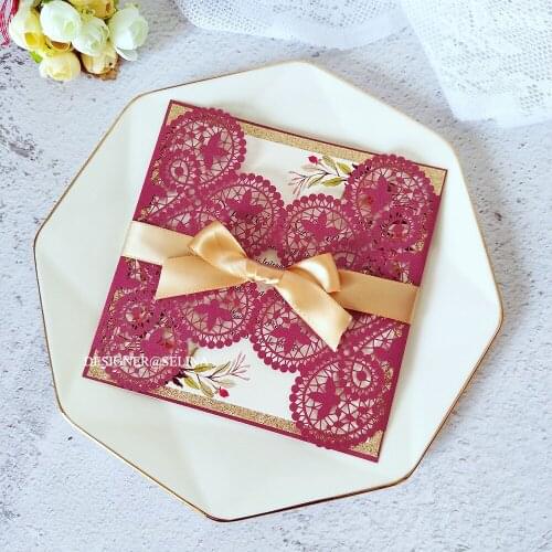 Lace Wedding Invitation with Rose Gold Glitter Flower Print Insert And Ribbon DIY Burgundy Laser Cut Cards for Birthday Party