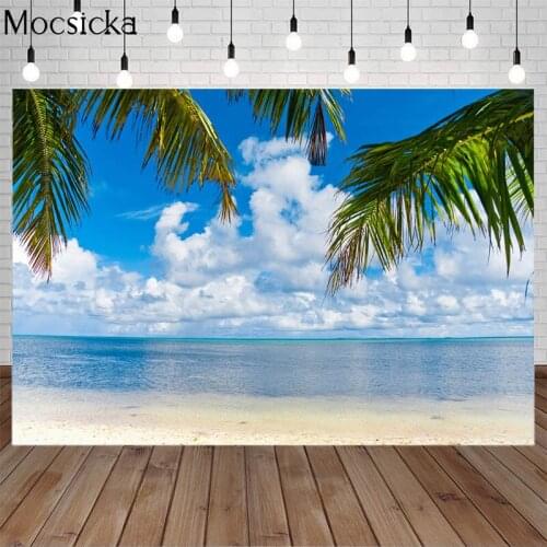 Mocsicka Summer Photography Backdrops Beach Palm Trees Blue Sea And Sky Waves Hawai Holiday Decor Props Background Photo Studio