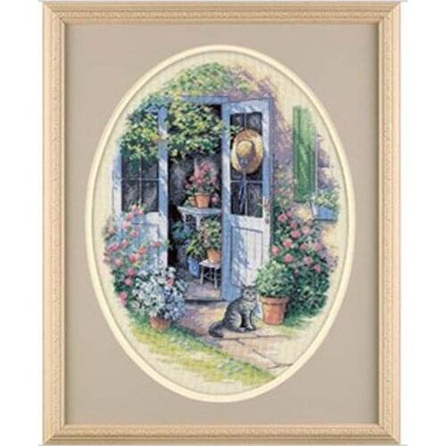 Gold Collection Counted Cross Stitch Kit Garden Door Gate Yard Flowers and Cat Kitten dim 35124