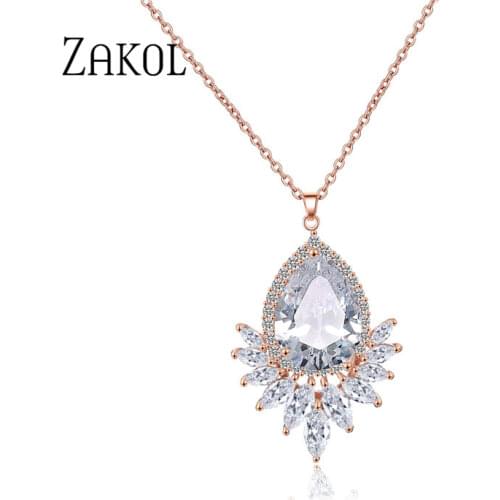 ZAKOL Trendy Zircons Women Pendent Necklace Sparkling Big Water Drop Shape Jewelry For Bridal Birthday Gift FSNP2023
