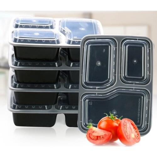 10PCS Meal Prep Portable Bento Box Plastic Reusable 3 Compartment Lunch Box Food Storage Container with Lid Microwave Dinnerware